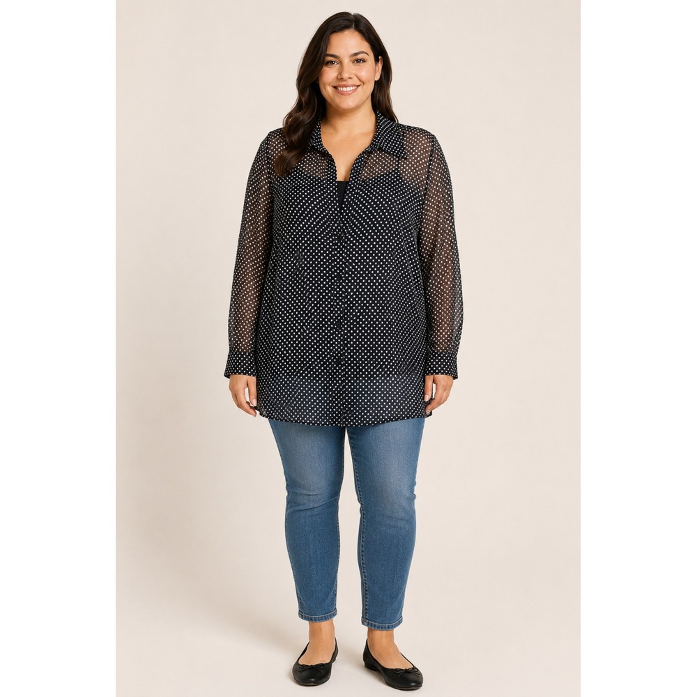 New Directions 2XL Black White Polka Dot Chiffon Lace Back Button Blouse